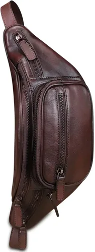 Vista 4 de Riñonera de cuero genuino Riñonera de cuero de vaca casual senderismo Sling Bag Crossbody Pecho Bolsas hombro Daypack, Café, Vintage