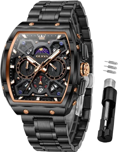 Vista 13 de OLEVS Watch Men Big Square Face Chronograph Stainless Steel Dress Watch Todo negro