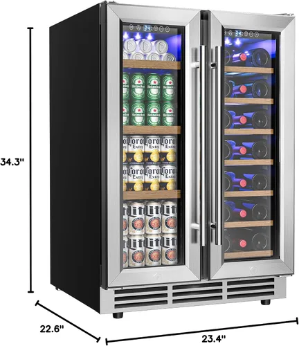 Vista 10 de EUHOMY Refrigerador de vino y bebidas, enfriador de vino de doble zona de 24 pulgadas con puerta de vidrio que contiene 21 botellas y 88 latas