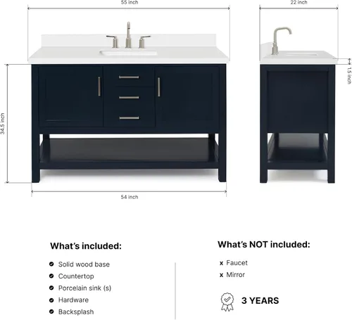 Vista 2 de ARIEL Bayhill - Tocador de baño con lavabo de 54 pulgadas, madera maciza, encimera de cuarzo blanco puro de 1.5 pulgadas, fregadero rectangular Negro