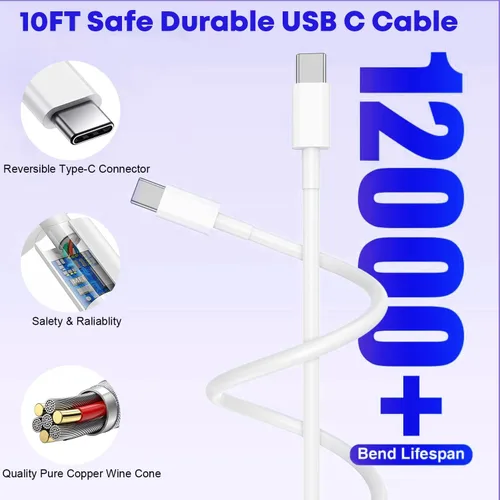 Vista 5 de Cargador rápido para iPhone 17/16/15, carga rápida extra larga de 10 pies, paquete de 3 bloques USB-C a USB C, cable de carga rápida para iPhone