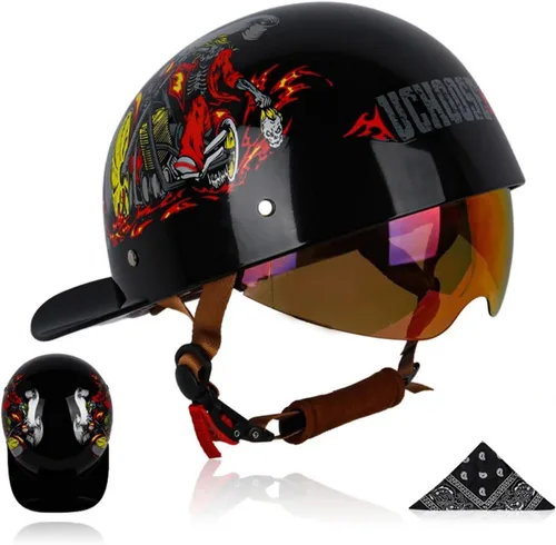 Vista 15 de Medio casco para motocicleta, gorra de béisbol retro, medios cascos con lente desplegable para adultos de calle, para hombres y mujeres
