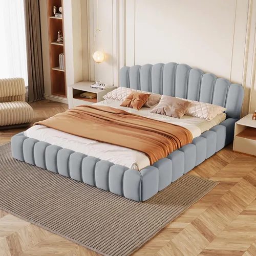 Vista 19 de Moderna cama tapizada de tamaño Queen, forro polar bereber grueso, base de colchón tapizada con cabecera copetuda y soporte de listones de madera