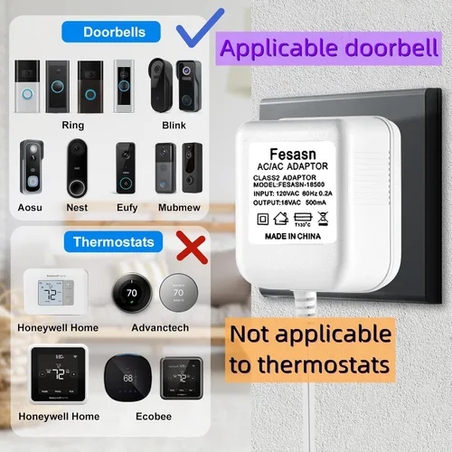 Vista 4 de AC18V - Adaptador de corriente para timbre de puerta con cable, compatible con Ring Zmodo Smart Doorbell y Nest Hello Doorbell