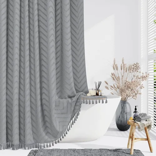 Vista 22 de Dynamene - Cortina de ducha de tela bohemia con rayas con chebrón en relieve, juego de cortina angosta para baño, media cortina impermeable de A.