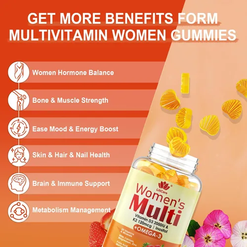 Vista 3 de Gomitas multivitamínicas para mujer con Omega 3 (DHA/EPA), vitamina D3 K2, calcio, inositol, complejo diario de vitamina A C E B, L-metilfolato