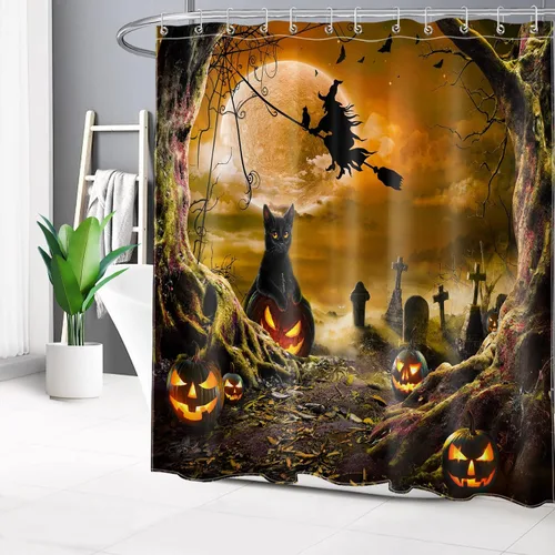 Vista 27 de LB Cortina de ducha espeluznante de Halloween, árbol muerto espeluznante con tela de araña de murciélago, cortina de ducha de baño con temática