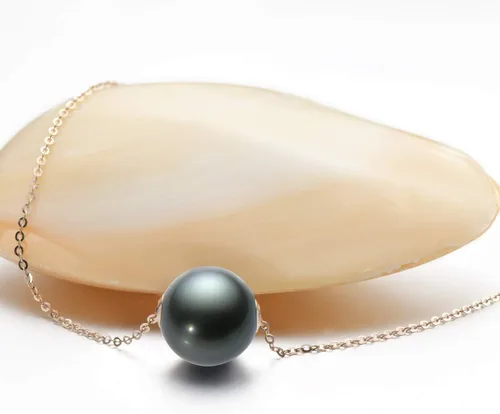 Vista 3 de 18K Gold Tahitian Black Pearl Necklace for Women, 10-11mm Tahitian Seawater Cultured Floating Single Pearl Pendant with Sterling Silver Chain
