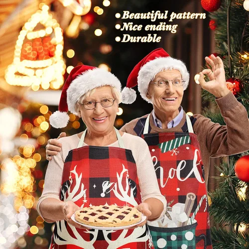 Vista 6 de Zhanmai 7 delantales de Navidad para mujeres y hombres, delantales de Navidad a cuadros rojos y negros, delantales de Navidad ajustables