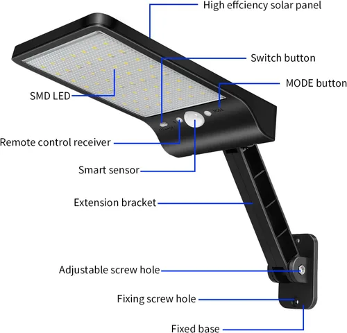Vista 6 de Luces solares para exteriores con control remoto, 56 LED de ángulo ajustable de 180°, luz nocturna de seguridad, sensor de movimiento exterior