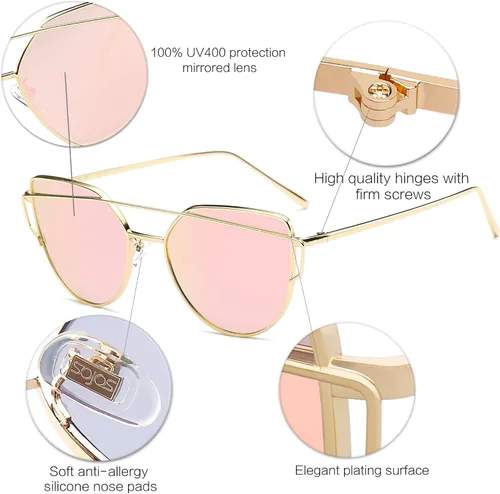 Vista 4 de SOJOS Gafas de sol de ojo de gato para mujer, lentes espejadas estilo diseñador de moda, SJ1001