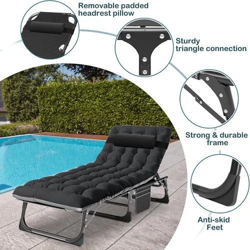 Vista 5 de NAIZEA Catre plegable de camping con alfombrilla para adultos, silla de descanso ajustable al aire libre, cama de dormir resistente, catres de Silla