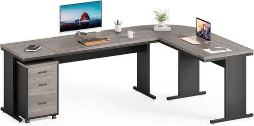 Vista 9 de LITTLE TREE Escritorio ejecutivo grande de 82.67 pulgadas de largo en forma de L para computadora con archivador móvil de 3 cajones, mueble