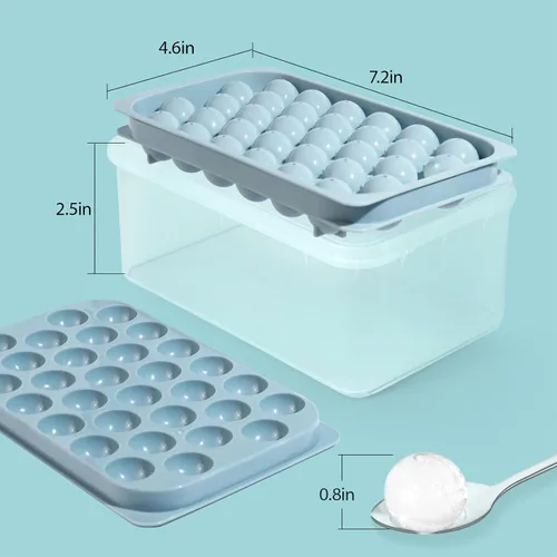 Vista 5 de Bandejas para cubitos de hielo con tapa y contenedor, molde redondo pequeño de 0.8 pulgadas para cubitos de hielo – Máquina de bolas de hielo