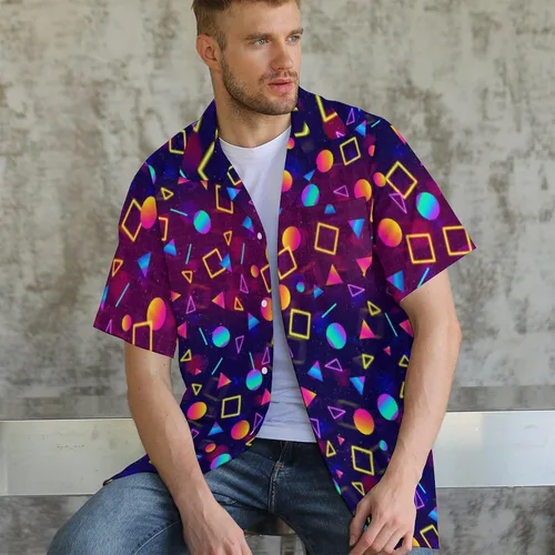 Vista 4 de Lxopogk Camisa hawaiana para hombre, camisas de neón con estampado casual de manga corta con botones, camisas de verano y playa tropical Aloha