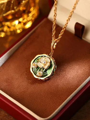 Vista 6 de Collar vintage Van Gogh flor verde pintura al óleo estilo colgante collares para mujer