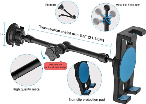 Vista 6 de Soporte para tablet de coche/camión para parabrisas de salpicadero, soporte de iPad de succión resistente con brazo de metal para tabletas