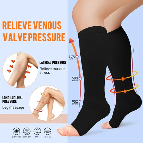 Vista 2 de Calcetines de compresión de cobre para mujeres y hombres, punta abierta, 15-20 mmHg, es el mejor apoyo para la recuperación de la circulación y uso