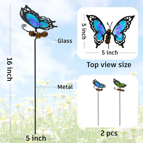 Vista 2 de Estacas de jardín de mariposas, kit de mariposa hecho de vidrio y metal, mariposas coloridas decoraciones de jardín pueden hacer que el jardín esté