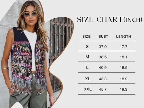 Vista 3 de ZXZY Chaleco sin mangas con flecos de lentejuelas para mujer, chaqueta ajustada y ligera