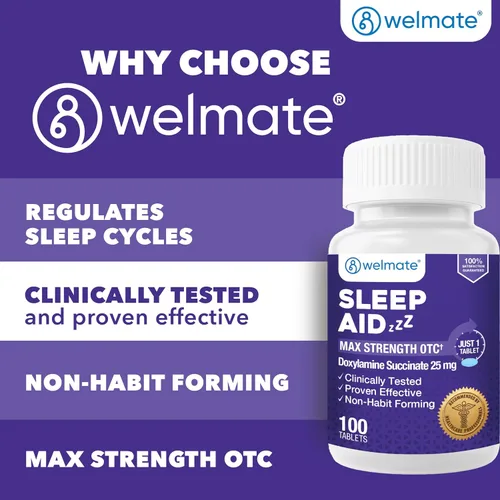 Vista 6 de WELMATE - Ayuda para dormir nocturno - Succinato de doxilamina 25 mg - para adultos y niños mayores de 12 años - 100 tabletas