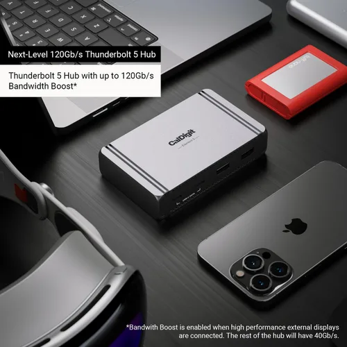 Vista 3 de CalDigit E5 - Hub Thunderbolt 5 Element 5 - 9 puertos, 4x puertos Thunderbolt 5/USB4 v2, 3x USB-A y 2x USB-C de 10 Gb/s, pantallas de 8K individual