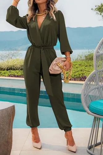 Vista 5 de PRETTYGARDEN Womens 2024 Fall V Neck Long Sleeve Belt Pockets Long Pants Romper Jumpsuit