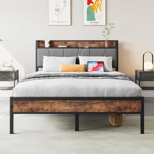 Vista 10 de Anwick Cama individual de metal, base de cama industrial tamaño individual con cabecera y 2 puertos USB, base de colchón resistente