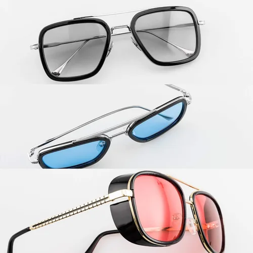 Vista 5 de Tony Stark - Paquete de 3 lentes de sol para hombres y mujeres, estilo aviador, marco de metal cuadrado, lentes de araña para hombre