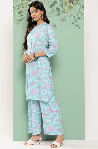 Vista 5 de Janasya Conjunto de coords con estampado digital de crepé azul cielo para mujer india