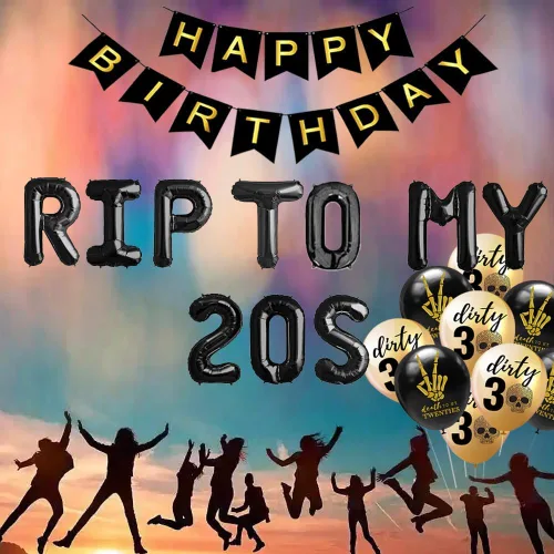Vista 3 de RIP To My 20s 30th Birthday - Suministros para fiesta de 30 años, globos RIP TWENTIES, pancarta de feliz cumpleaños para muerte a mis 20 años