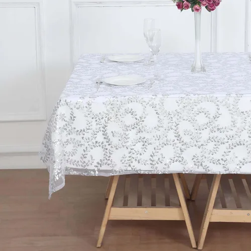 Vista 5 de Efavormart - Superposición de mesa de tul bordado de hojas de lentejuelas plateadas de 72 x 72 pulgadas, mantel cuadrado transparente Plateado