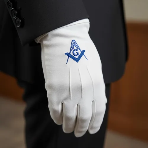 Vista 5 de Blue Square & Compass Masonic Embroidered Cotton Gloves - [White]