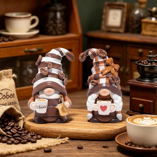 Vista 4 de Hodao Figuras de gnomo de café, chocolate y crema, juego de 2 Marrón
