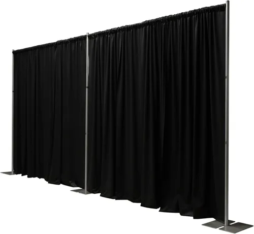 Vista 2 de OnlineEEI, Kit de telón de fondo portátil de tubería y cortina de altura fija de 8 pies de alto, 8 pies x 20 pies desmontable, cortinas negras