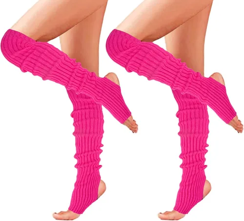 Vista 17 de Calentadores de piernas largos de punto para mujer, sobre la rodilla, de neón, acanalados, para fiestas de los años 80, deportes de baile