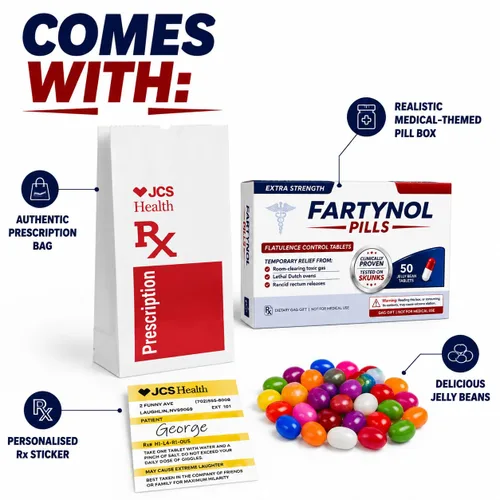 Vista 3 de Fartynol - Pastillero de broma con gomitas, bolsa de receta y etiqueta