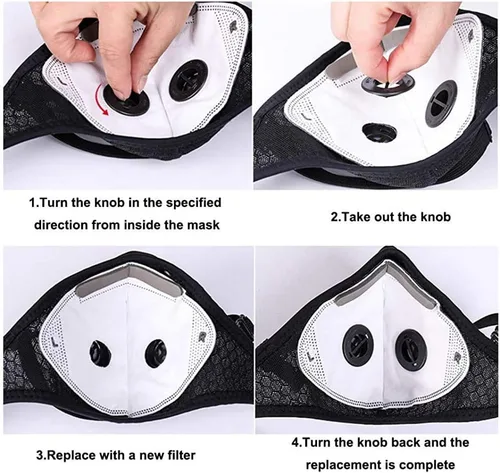 Vista 5 de NBDIB Paquete de 4 protectores faciales reutilizables ajustables con 8 filtros de carbono y 8 válvulas para ciclismo y deporte, color negro
