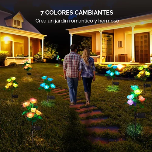 Vista 5 de Luces solares de jardín al aire libre, paquete de 4 luces solares al aire libre con 20 flores de rosa, luces solares impermeables de 7