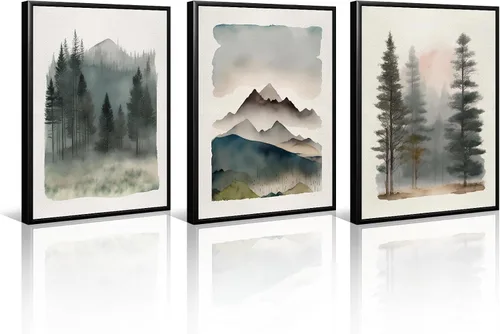 Vista 14 de Arte de pared de bosque brumoso, arte de pared de abeto, paisaje natural, lienzo, impresiones abstractas de bosques, pintura de granja, póster