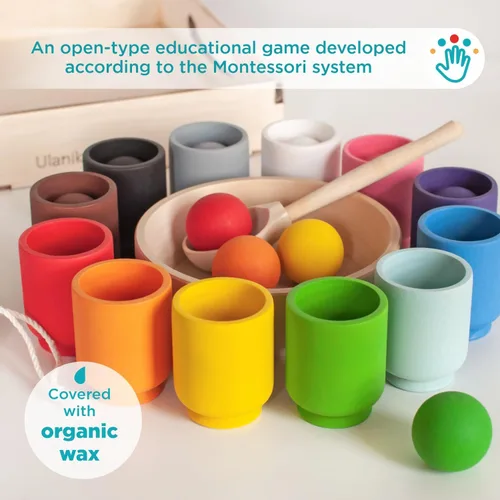 Vista 5 de Ulanik Pelotas en tazas Montessori Juguetes para niños de 1 año + niños preescolares juegos de madera a juego para aprender clasificación