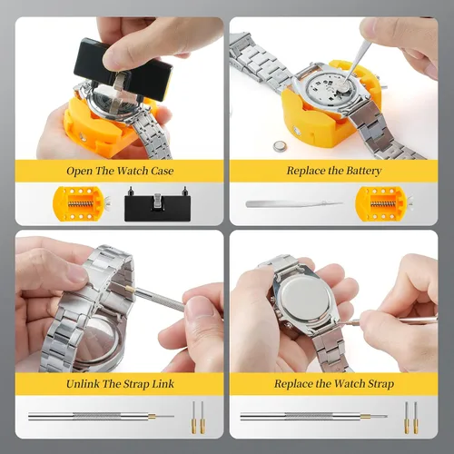 Vista 2 de Kit de herramientas de repuesto de batería de reloj, kit de reparación de Eventronic Watch con kit de herramientas de correa de reloj, herramienta