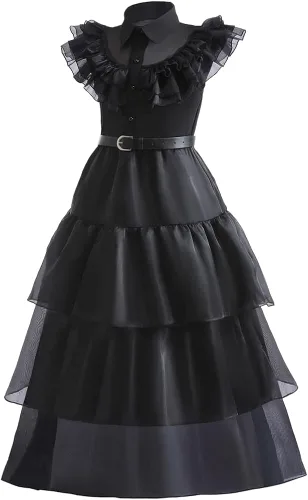 Vista 7 de GRIVOS Wednesday Addams - Disfraces de vestir para niños y niñas, fiesta familiar, disfraz de cosplay con peluca de cinturón de 4 a 14 años