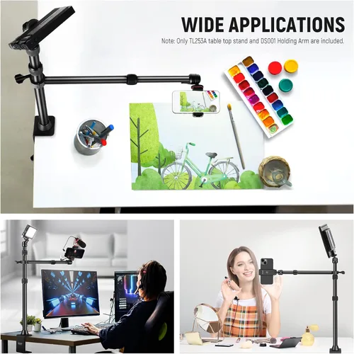 Vista 10 de NEEWER TL253A+DS001 Trípode de cámara de mesa con 2 brazos telescópicos, soporte para teléfono, cabezas esféricas, adaptador de tornillo, soporte