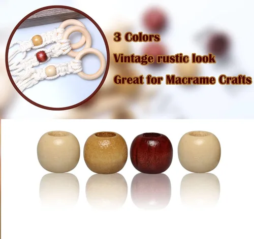 Vista 2 de Cuentas de madera marrón con agujero grande de 0.787 in, paquete variado de cuentas de macramé de madera sueltas para manualidades de macramé
