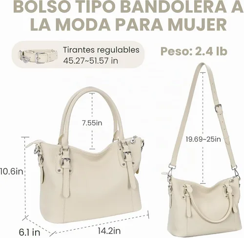 Vista 3 de HESHE - Carteras y bolsos de cuero genuino para mujer, bolso de mano, bolso de hombro, bolso de asa superior, bolso cruzado, bolso tipo morral Beige