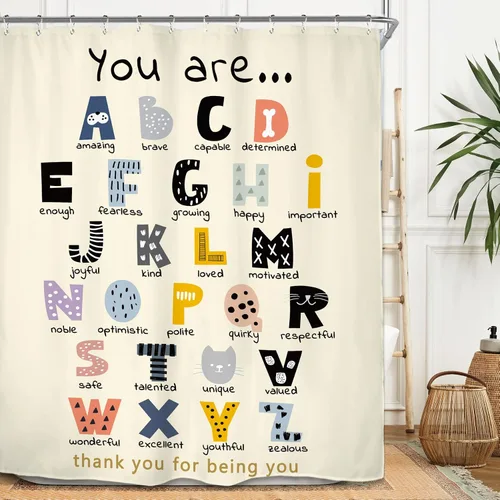 Vista 5 de Miyotaa ABC Frases Alfabéticas Juego de Cortina de Ducha 60Wx71H Pulgadas Frases Positivas Inspiradoras Motivacionales Estás Aprendiendo Cortina