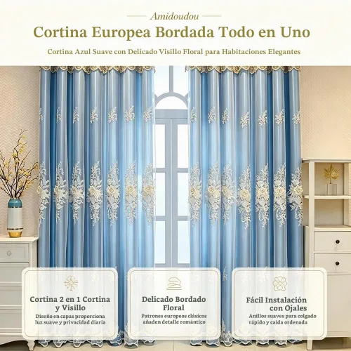 Vista 6 de Amidoudou 1 par de cortinas europeas de lujo con cenefa para sala de estar, dormitorio, cortinas bordadas de doble capa (azul, 52 x 84 pulgadas)