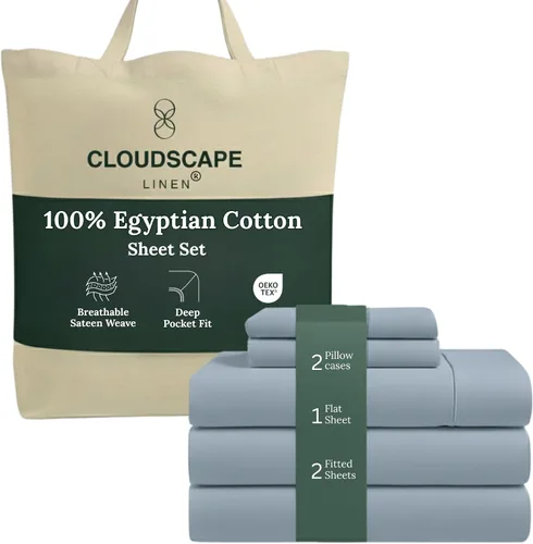 Vista 60 de Cloud Scape Linen - Juego de sábanas de algodón egipcio de doble capa, tamaño individual, tejido de satén de fibra larga, juego de 3 piezas, ropa
