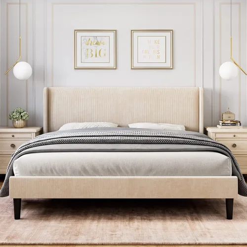 Vista 10 de Base de cama de tamaño matrimonial con cabecera tapizada, base de cama de plataforma de madera con 2 bolsillos de almacenamiento, respaldo de ala